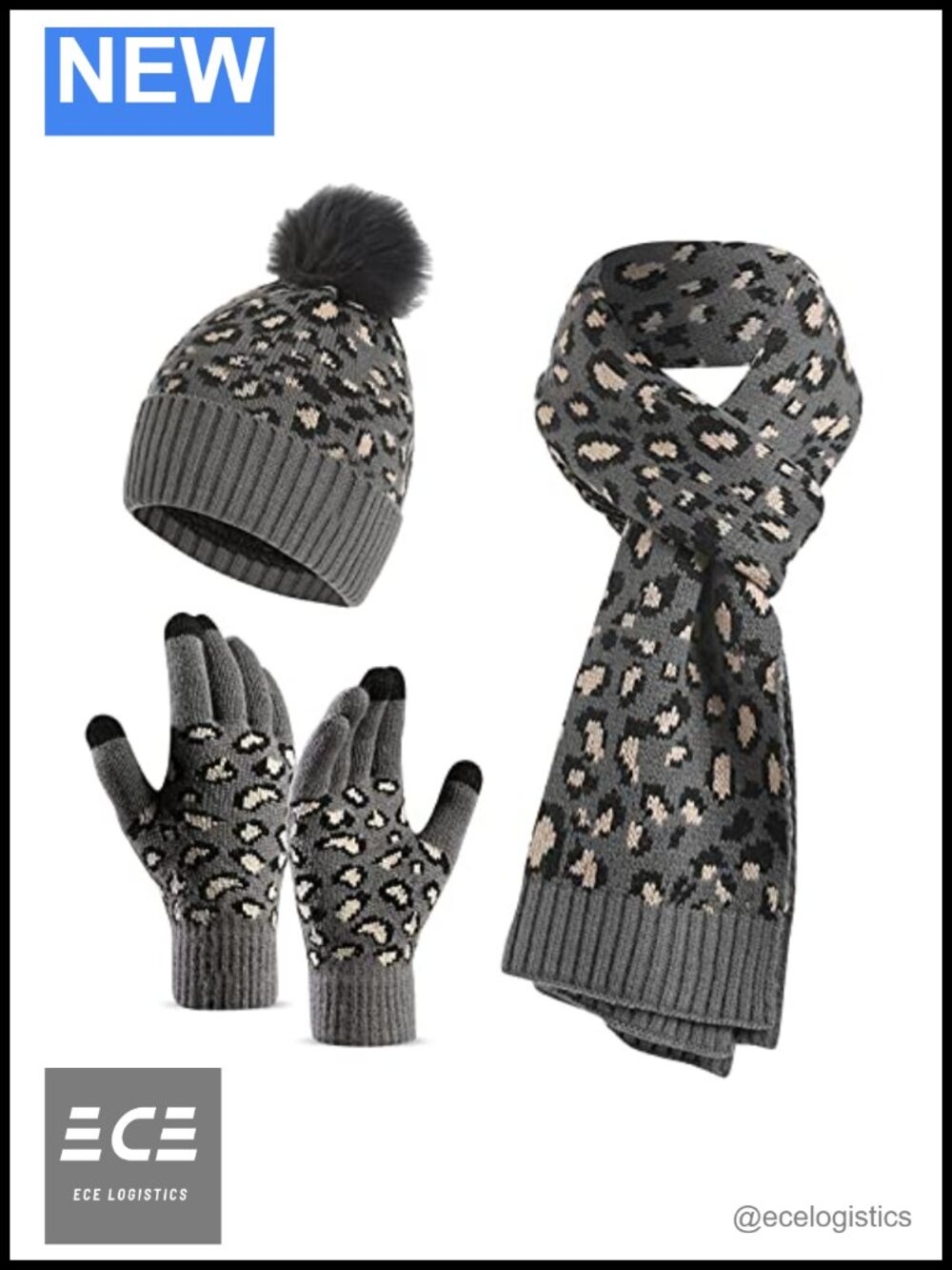 3 in 1 Winter Scarf Hat Glove Set Leopard Knit Pom Pom Touch Screen